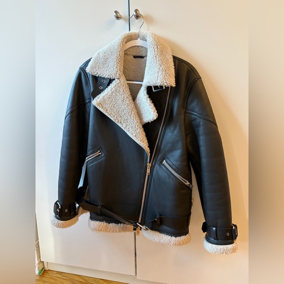 All Saints Jackets & Blazers - AllSaints Black Leather Shearling-Trim Biker Jacket